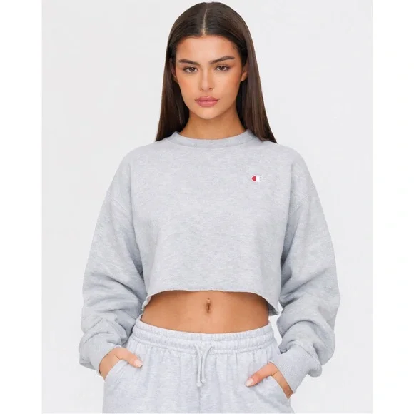 Champion Reverse Weave Cropped Sweatshirt Gray Logo Pullover Small - Picture 6 of 14